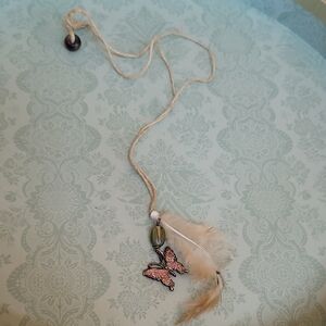 Boho Butterfly Pendant Necklace with Feather